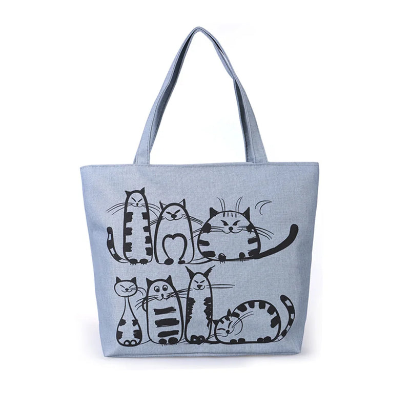 Women Cat Print Canvas Shoulder Bag Zipper Tote Handbag UND