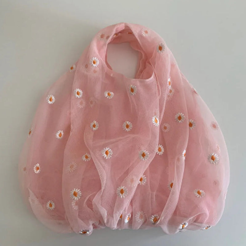 Mesh Cloth Embroidered Tote Bag for Girls