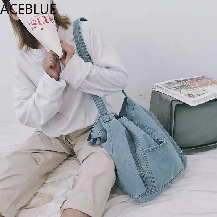 Women Denim Shoulder Bag Canvas Jeans Tote Handbags Vintage Crossbody Travel Moc