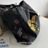 Embroidered Denim Shoulder Bag for Women Large Capacity Travel Tote