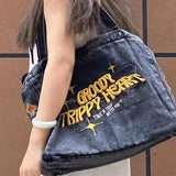 Embroidered Denim Shoulder Bag for Women Large Capacity Travel Tote