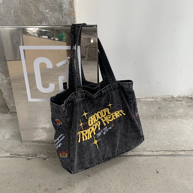 Embroidered Denim Shoulder Bag for Women Large Capacity Travel Tote