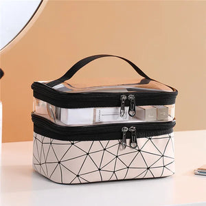 Double Layer Cosmetic Bag PU Makeup Organizer Waterproof Toiletry Storage