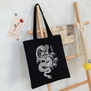 Dragon Sketch Canvas Shopper Bag 90s Vintage Shoulder Handbag