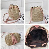 Straw Woven Bucket Bag with Tassel for Women