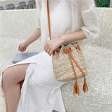 Straw Woven Bucket Bag with Tassel for Women