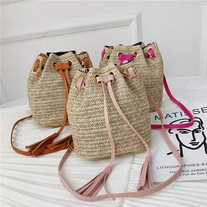 Straw Woven Bucket Bag with Tassel for Women