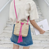 Straw Woven Bucket Bag with Tassel for Women