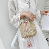 Straw Woven Bucket Bag with Tassel for Women