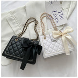 Women Bow Silk Scarf Crossbody Bags Solid Diamond Lattice Shoulder Bag