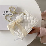 Women Bow Silk Scarf Crossbody Bags Solid Diamond Lattice Shoulder Bag