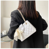 Women Bow Silk Scarf Crossbody Bags Solid Diamond Lattice Shoulder Bag