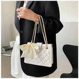 Women Bow Silk Scarf Crossbody Bags Solid Diamond Lattice Shoulder Bag