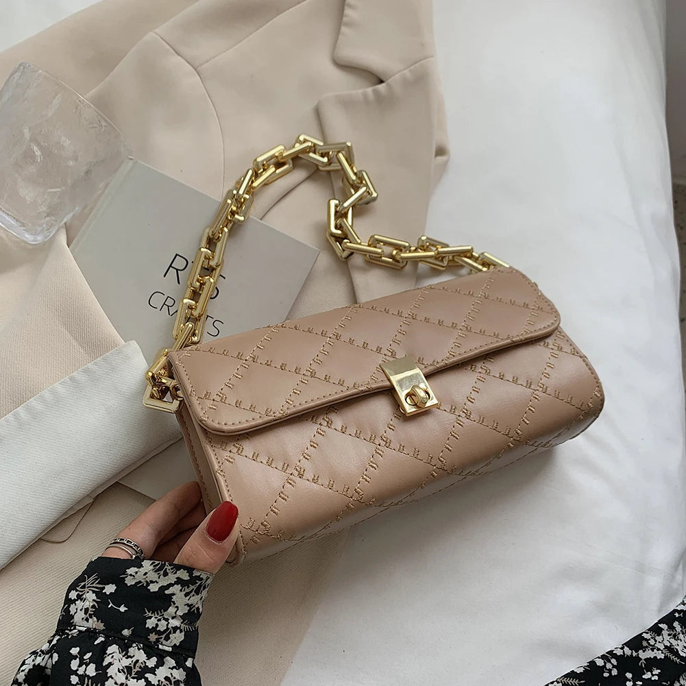 Women Lattice Pattern Underarm Shoulder Bags PU Leather Chain Handbags