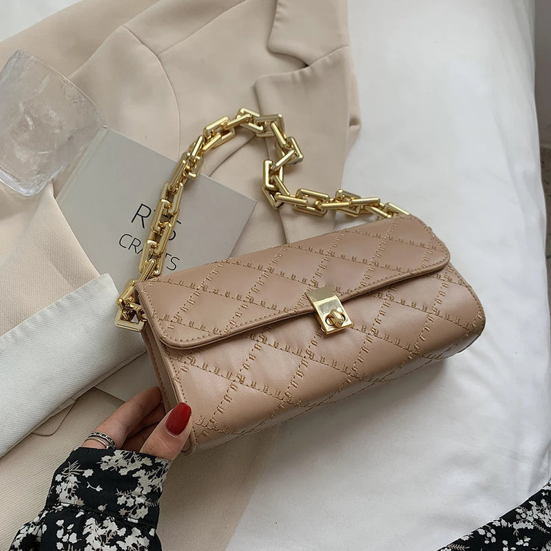 Women Lattice Pattern Underarm Shoulder Bags PU Leather Chain Handbags