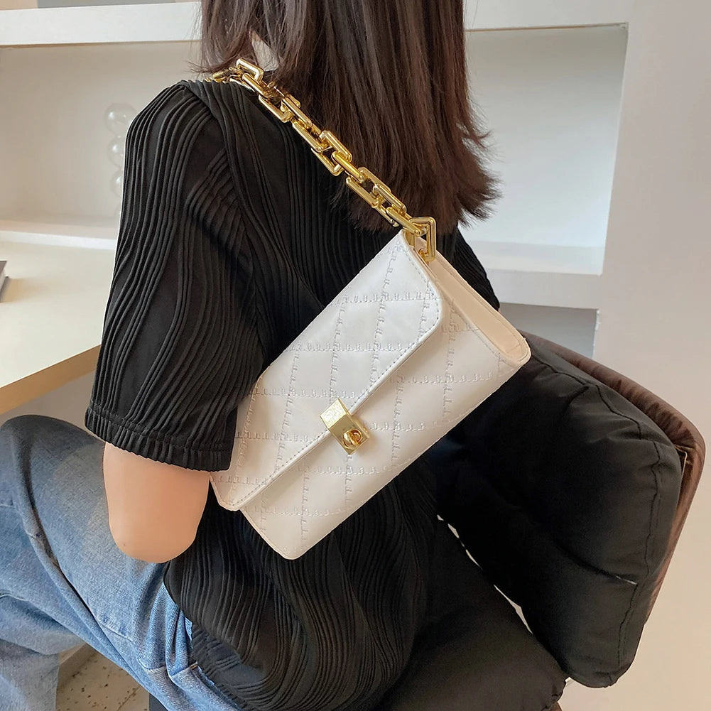 Women Lattice Pattern Underarm Shoulder Bags PU Leather Chain Handbags