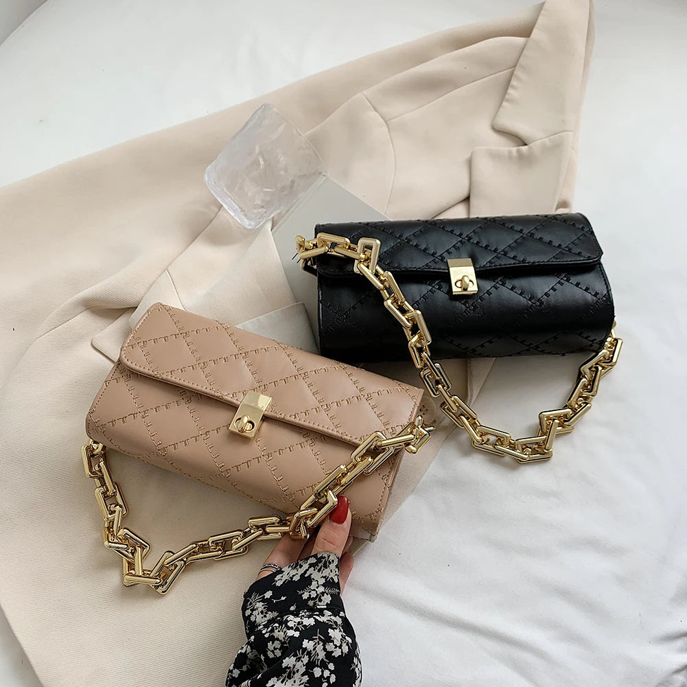 Women Lattice Pattern Underarm Shoulder Bags PU Leather Chain Handbags