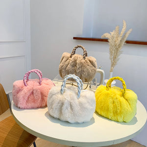 Fluffy Shoulder Bag with Woven Handle