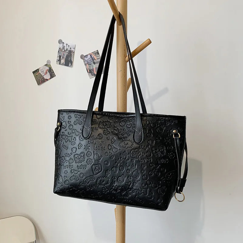 Women Embossed Korea Japan Large Capacity Shoulder Female Fashion PU Underarm