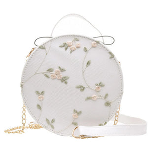 Women Floral Embroidery Shoulder Bag Round Hand Tote
