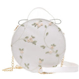 Women Floral Embroidery Shoulder Bag Round Hand Tote