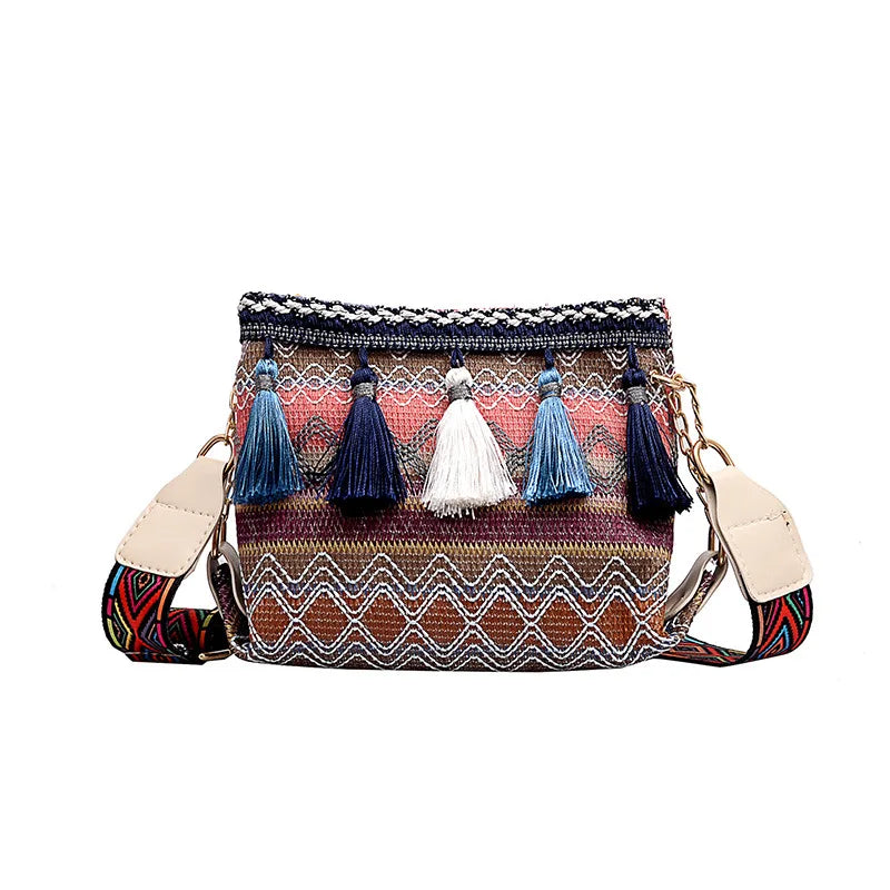 Ethnic Style Shoulder Bag Variegated Fanny Pack Fringe Decor Crossbody Sling Bag