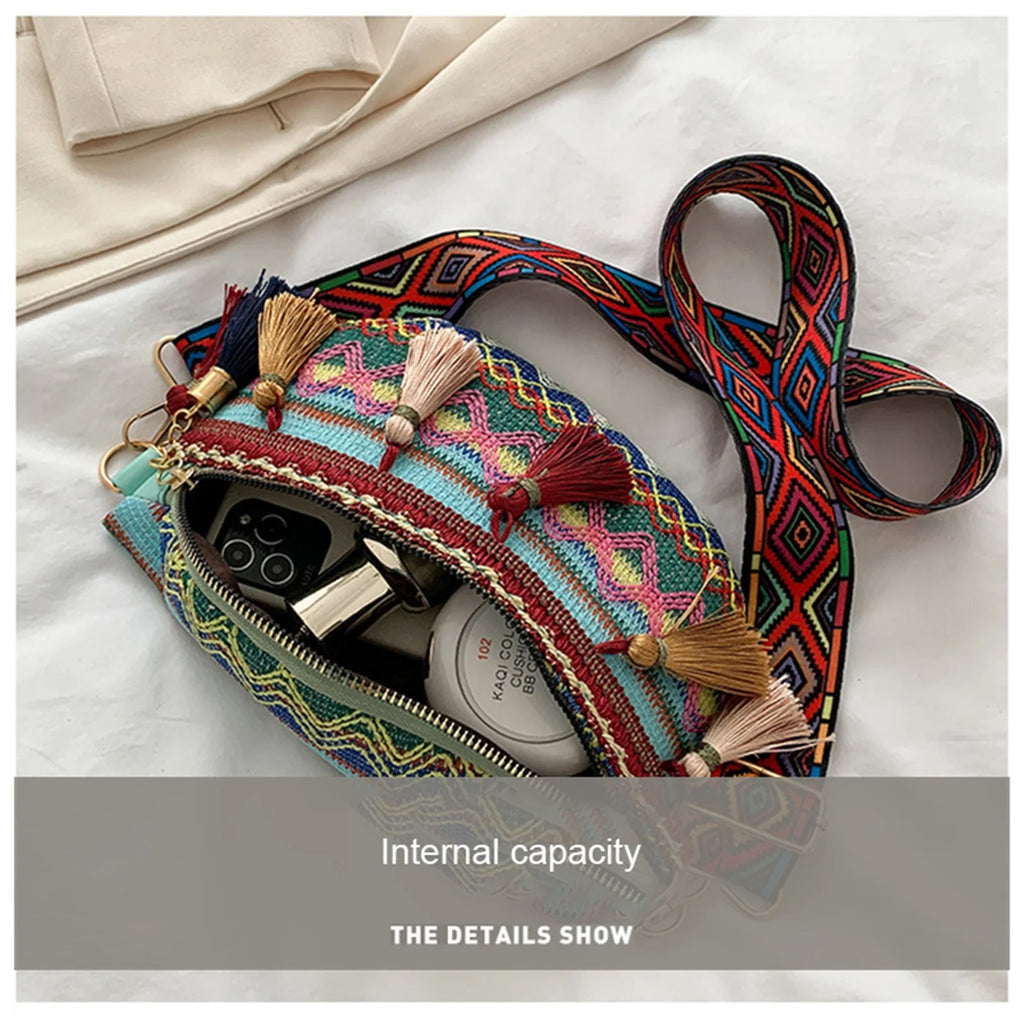 Ethnic Style Waist Bag with Adjustable Strap and Fringe Decor