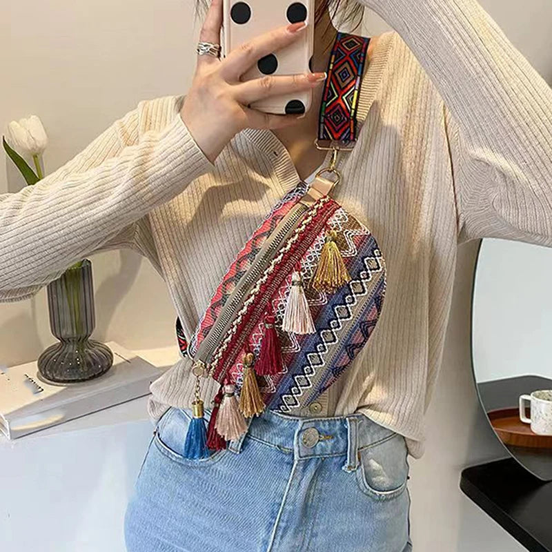 Ethnic Style Waist Bag Variegated Fanny Pack with Fringe Crossbody Chest Bag