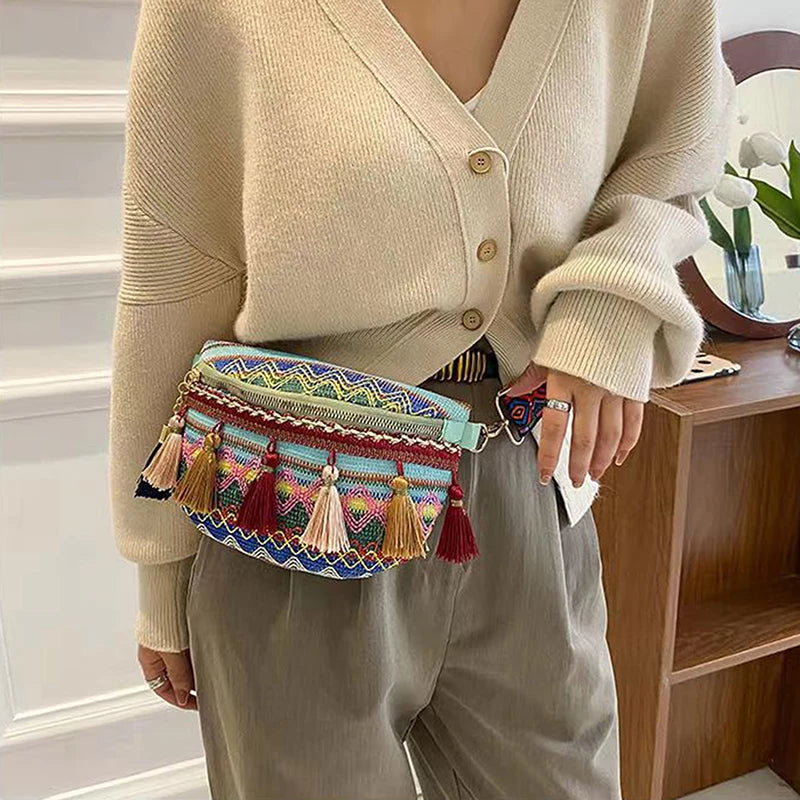 Ethnic Style Waist Bag Variegated Fanny Pack with Fringe Crossbody Chest Bag