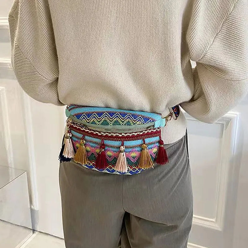 Ethnic Style Waist Bag Variegated Fanny Pack with Fringe Crossbody Chest Bag
