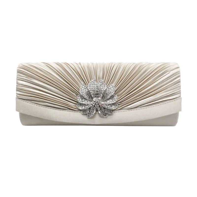 Satin Folds Wedding Clutch Rhinestone Crossbody Bag Chain