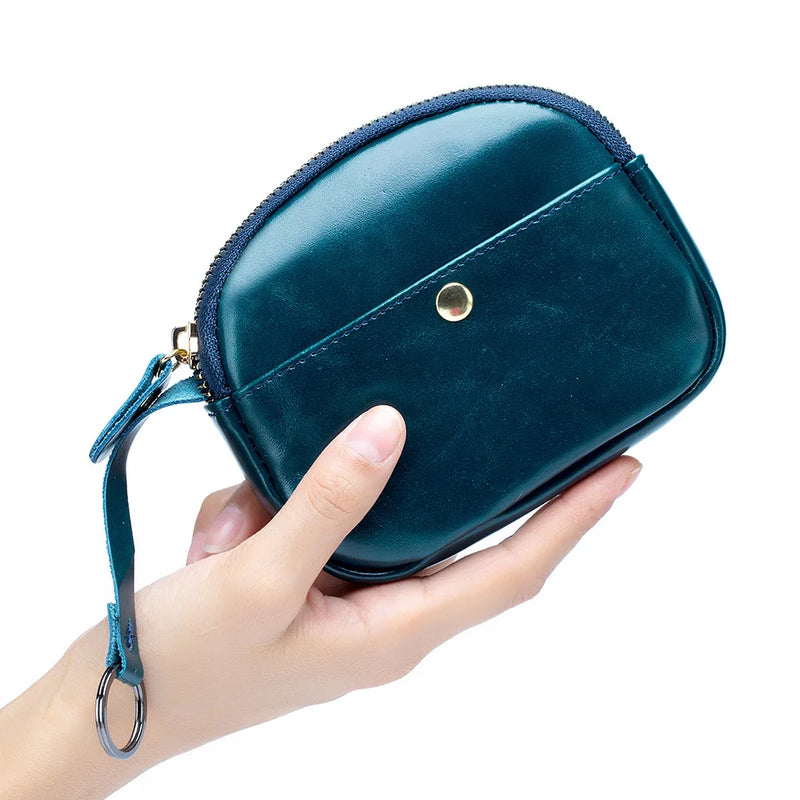 Cowhide Passport Key Case Oil Wax Smooth Surface Buckle Coin Purse Mini Wallet B