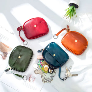 Cowhide Passport Key Case Oil Wax Smooth Surface Buckle Coin Purse Mini Wallet B