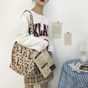 Women Canvas Shoulder Tote Bag Fluffy Floral Handbags Large Capacity