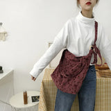 Women Canvas Shoulder Tote Bag Fluffy Floral Handbags Large Capacity