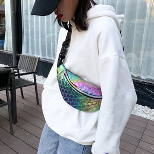 Women Laser Fish Scale Chest Bag Soft Surface Polyester Lined Shoulder Crossbody