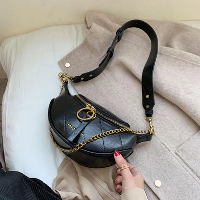 Chain Leather Fanny Pack Zipper Banana Bag Crossbody Bags