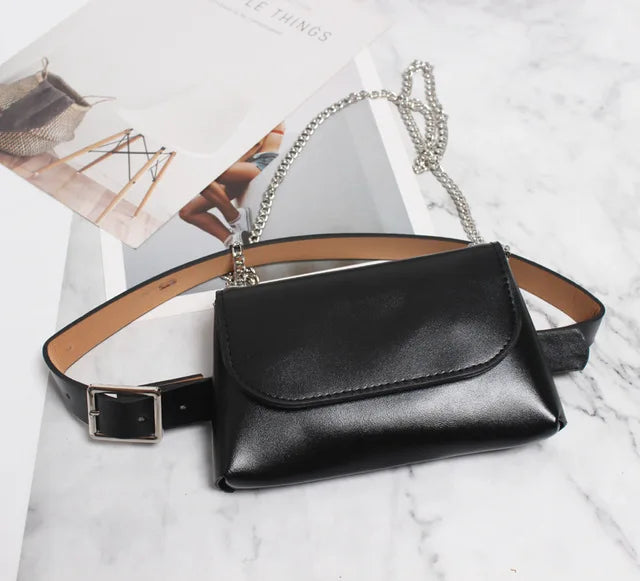 Women Leather Belt Bag Chains Waist Bag Lady Vintage Shoulder Waist Pack