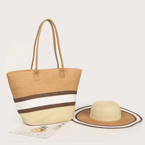 Boho Style Beach Bag & Vacation Hat Set, Straw Summer Tote