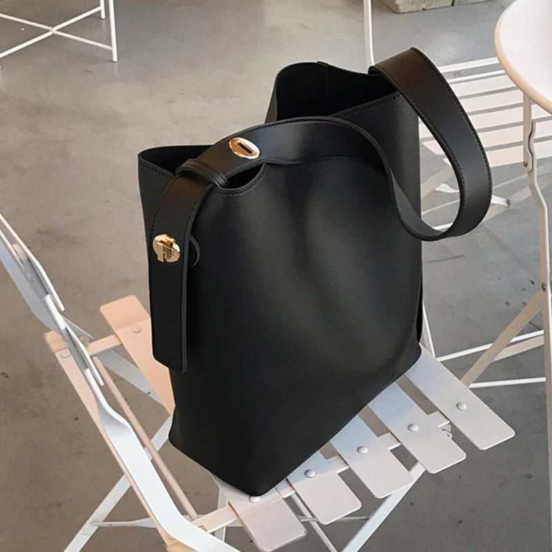 Women Bucket Bag PU Leather Shoulder Bag Casual Black/Brown Large Totes
