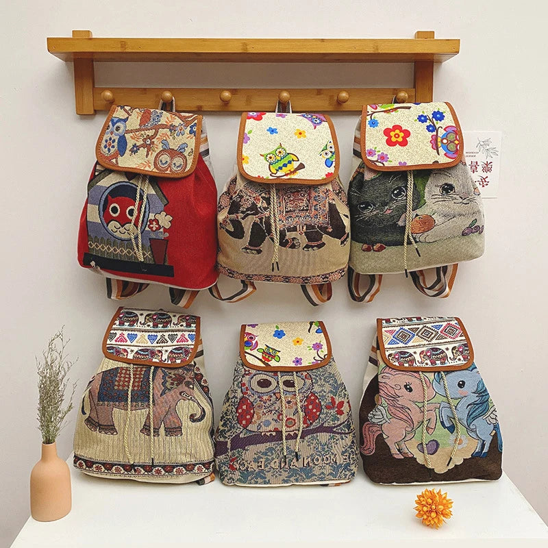 Vintage Embroidery Knitted Canvas Backpack for Women
