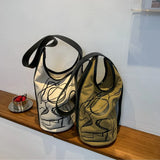 Women Casual Stripe Print Bucket Bag Large Canvas Shoulder Bags