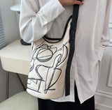 Women Casual Stripe Print Bucket Bag Large Canvas Shoulder Bags