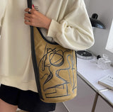 Women Casual Stripe Print Bucket Bag Large Canvas Shoulder Bags