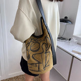 Women Casual Stripe Print Bucket Bag Large Canvas Shoulder Bags