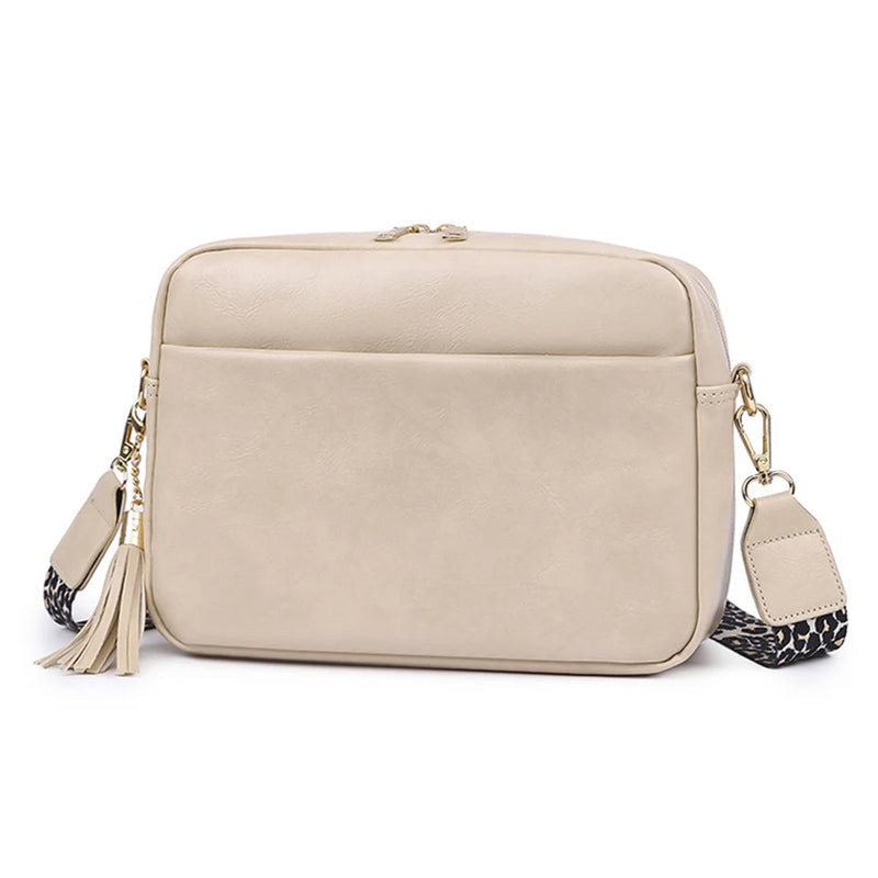 Women Cell Phone Purse Solid Shoulder Handbags Wide Strap Tassels Zip