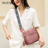 Women Cell Phone Purse Solid Shoulder Handbags Wide Strap Tassels Zip