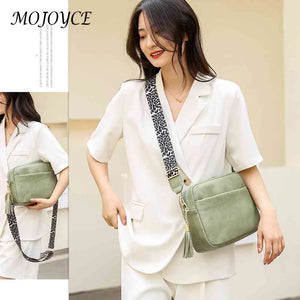 Women Cell Phone Purse Solid Shoulder Handbags Wide Strap Tassels Zip