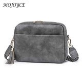 Women Cell Phone Purse Solid Shoulder Handbags Wide Strap Tassels Zip