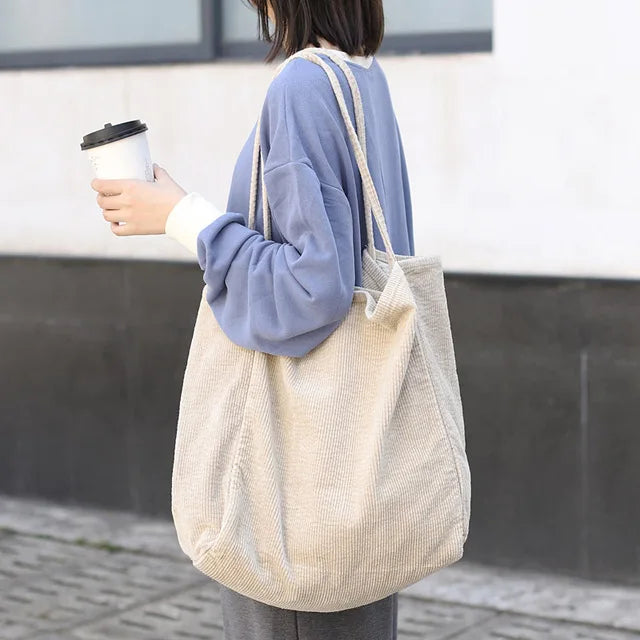 Corduroy Shoulder Bag Large Capacity Tote Handbag Reusable Shopping Bags